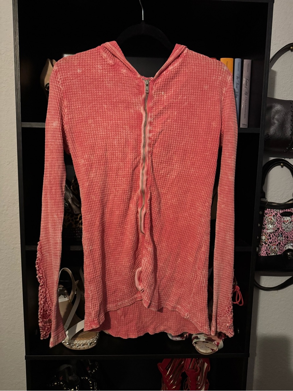 American Age Waffle-Knit Zip Hoodie in Coral